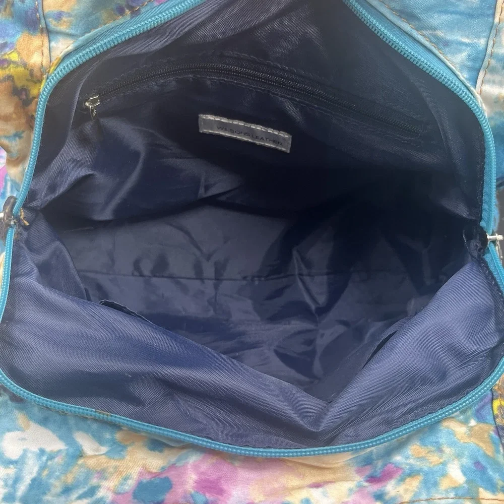 Wilson Leather Blue and Pink Water‎ Color Floral Fabric Hobo Bag Rare